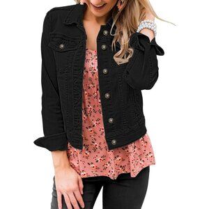 Women's Basic Long Sleeves Button Down Fitted Denim Jean Jacket Always Black